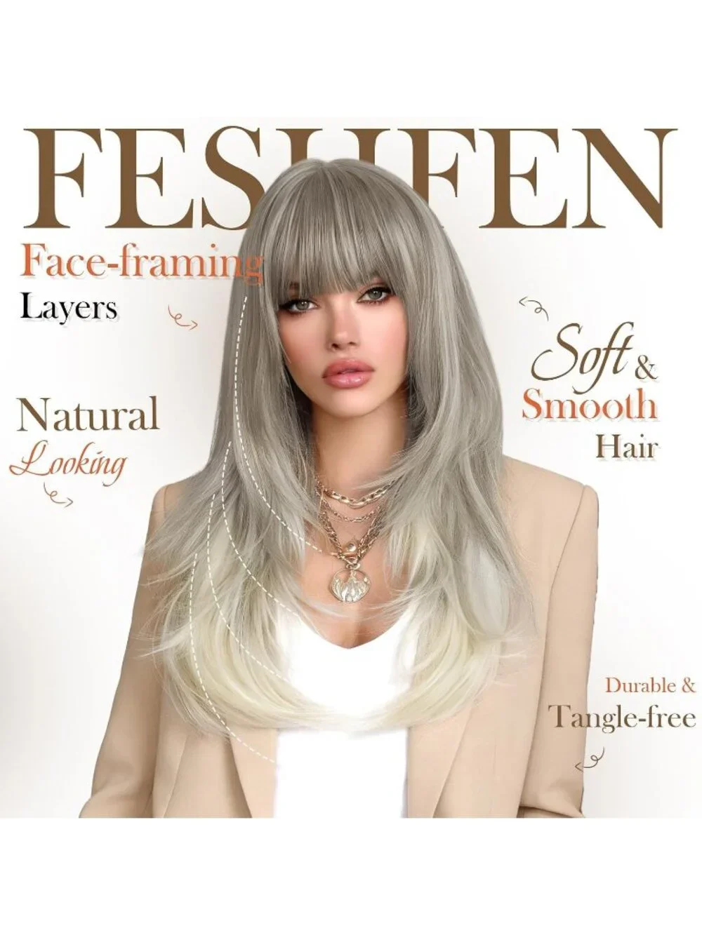 Women's Ash Blonde 24 Inch Natural Synthetic Long Straight Sleek Layered Wigs